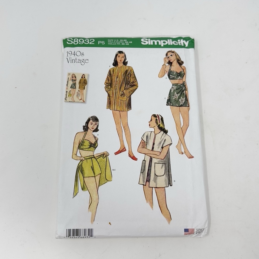 Simplicity S8932 1940s Vintage Bikini Top, Shorts, Wrap Skirt & Coat Size 12-20